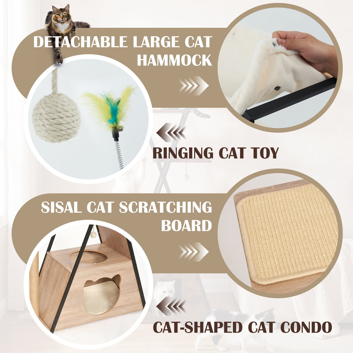 71" Large Cat Tree, Sturdy Wooden Tower for Big Cats with Spacious Condo, Wide Perch, Scratching Posts and Hammock for Multi-Cat Homes