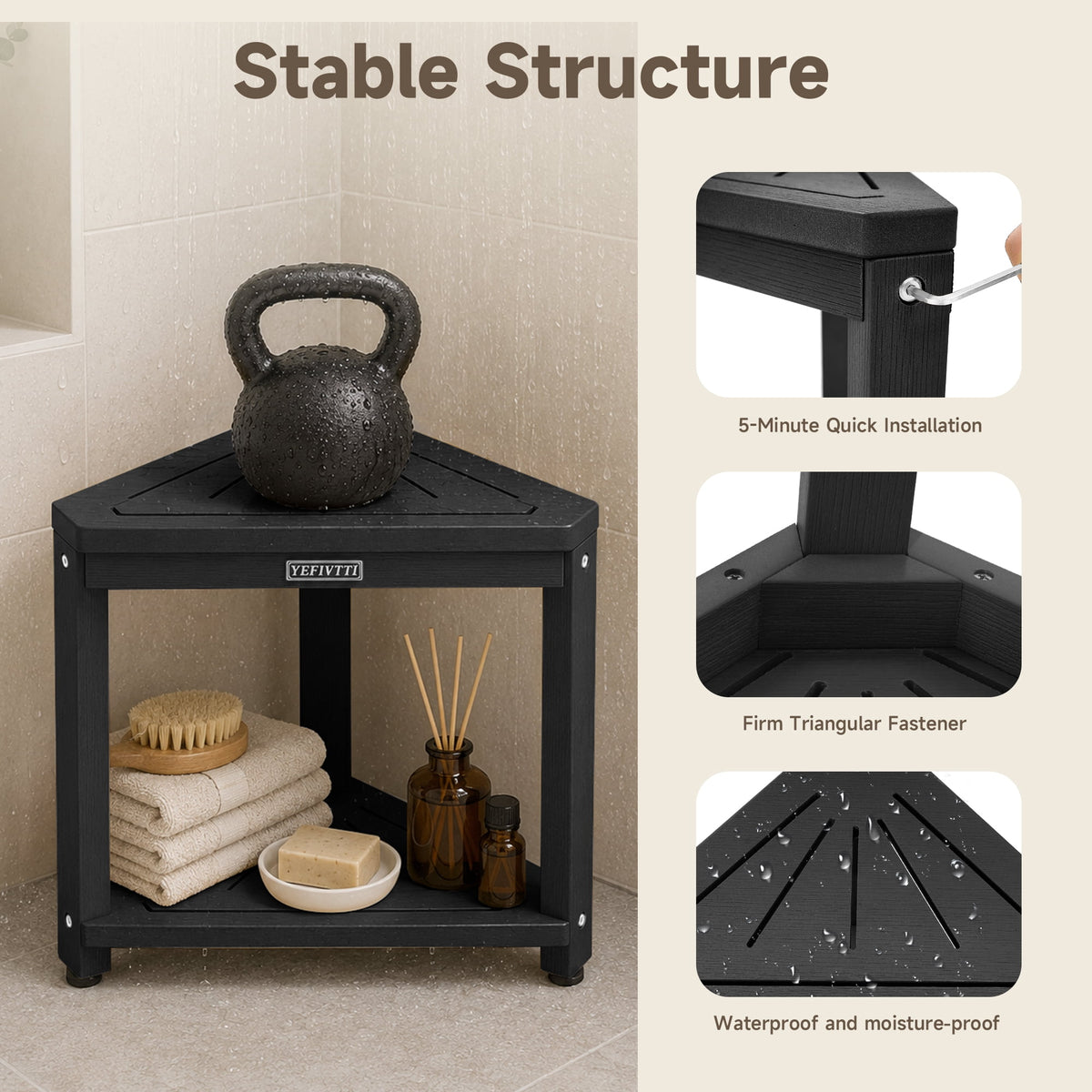 HDPS Corner Shower Bench, Waterproof 2-Tier Bathroom Stool with Footrest, Space-Saving Triangle Shower Seat for Shaving Legs Black