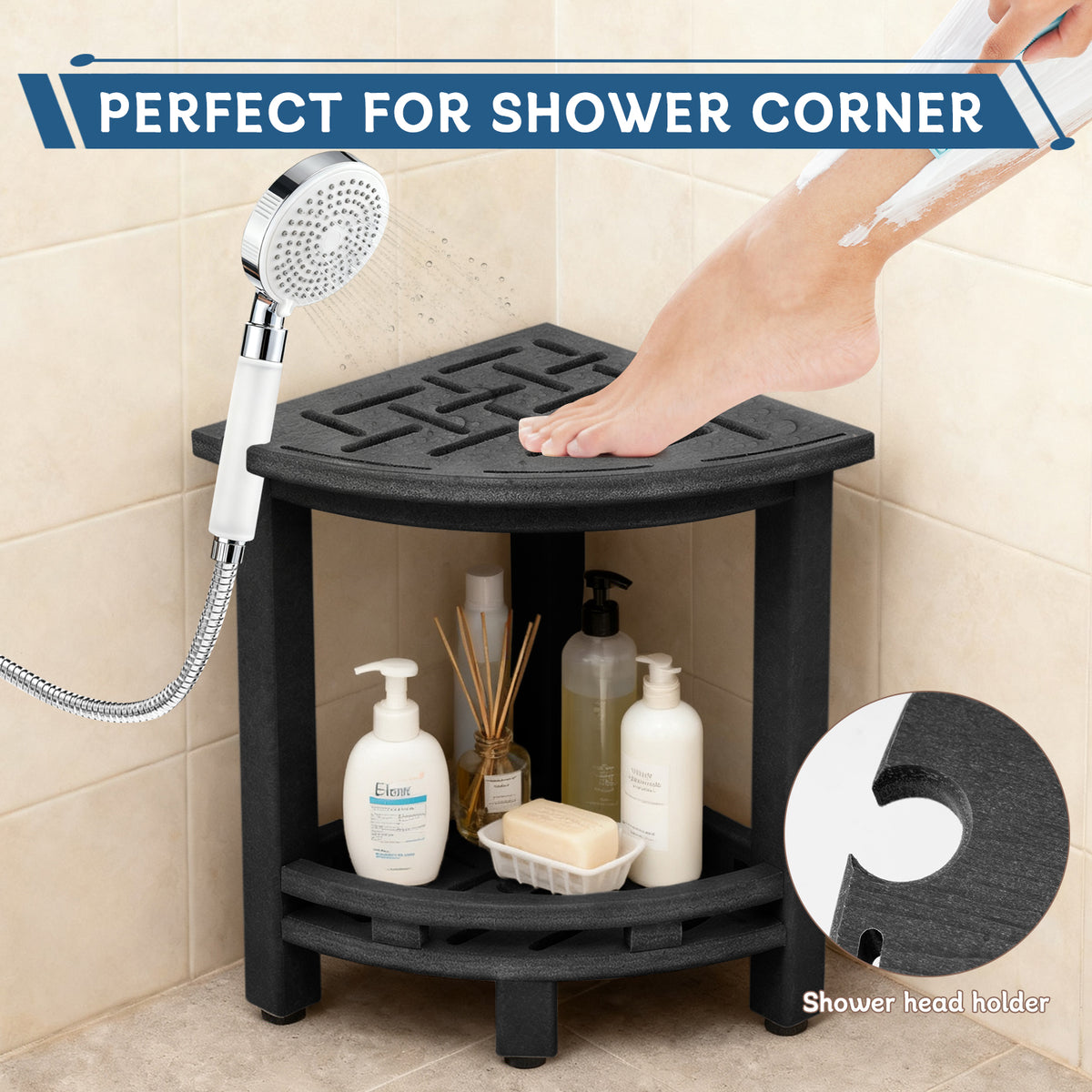 ZEOPHOL HDPE Shower Bench, Shower Stool with Handle & Storage Shelf, Bathroom Shower Seat for Inside Shower, Shaving Legs & Daily Bathing, Black