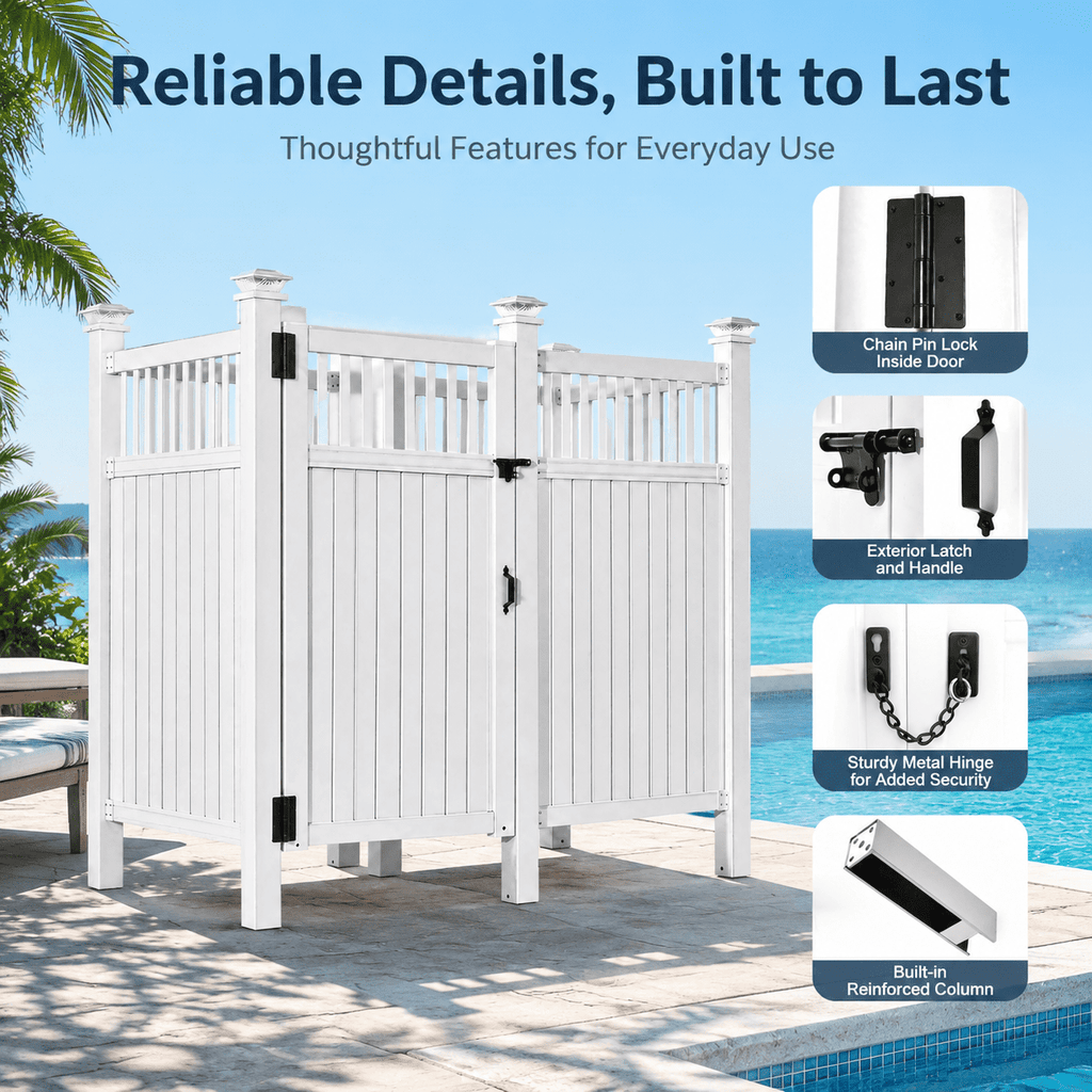 2-Person Outdoor Shower Enclosure, Weatherproof Changing Room Privacy Shower Stall with Galvanized Metal Panels, Locking Door, Shelves & Hooks for Poolside, Beach