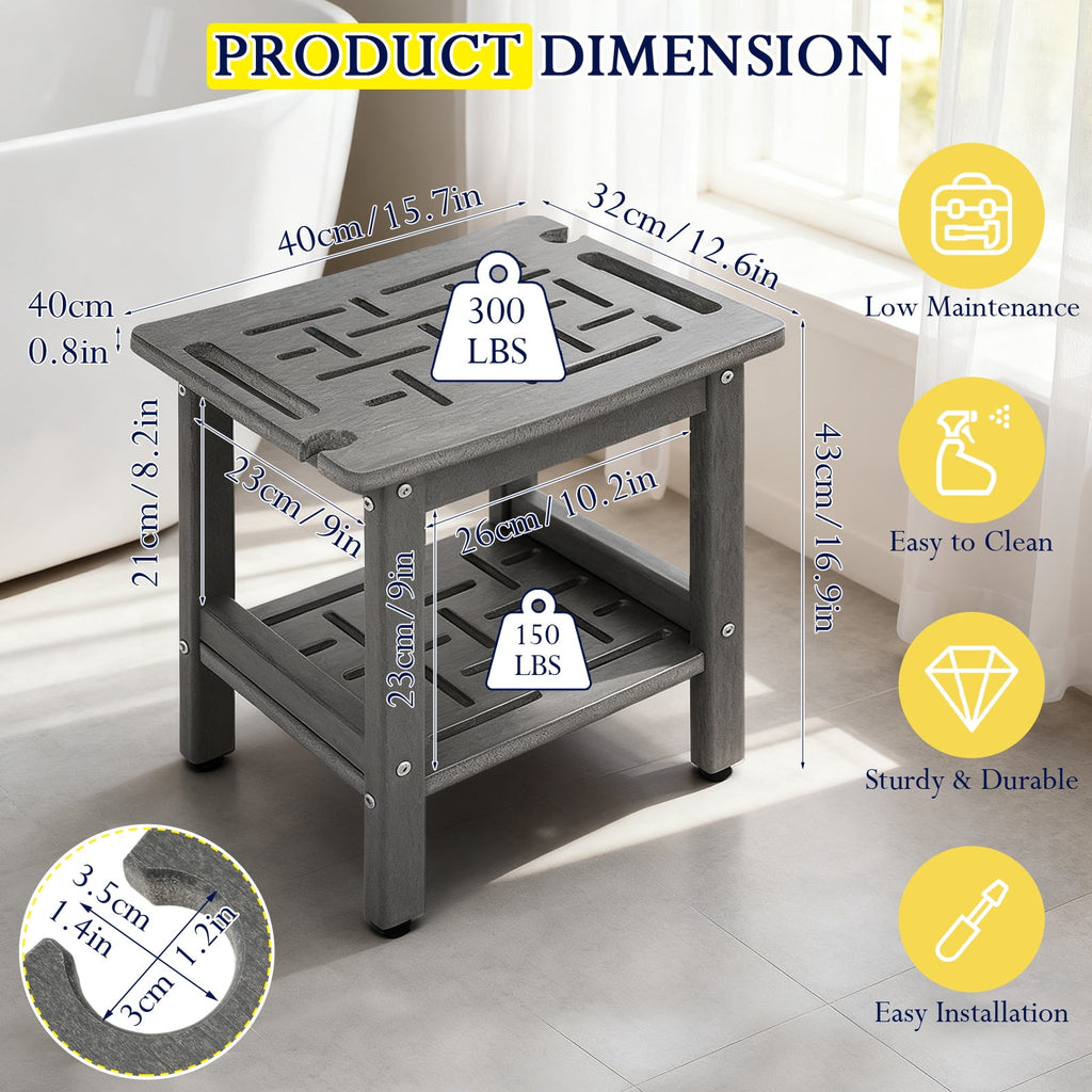 ZEOPHOL HDPE Shower Bench for Inside Shower, Shower Stool with Handle & Storage Shelf, Bathroom Shower Seat for Shaving Legs, Adults & Elderly Gray