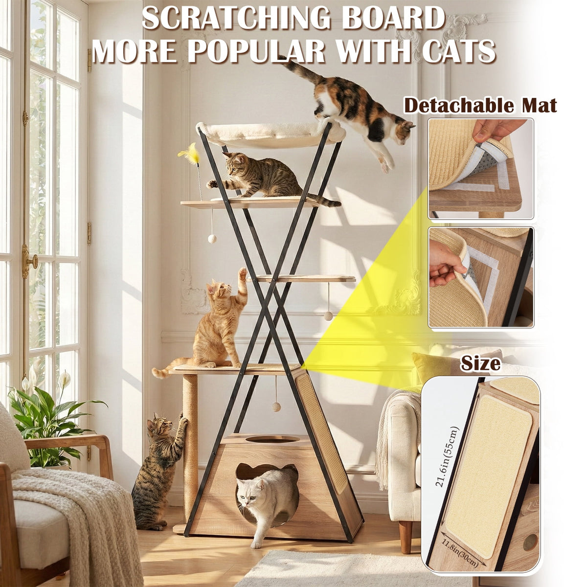 71" Large Cat Tree, Sturdy Wooden Tower for Big Cats with Spacious Condo, Wide Perch, Scratching Posts and Hammock for Multi-Cat Homes
