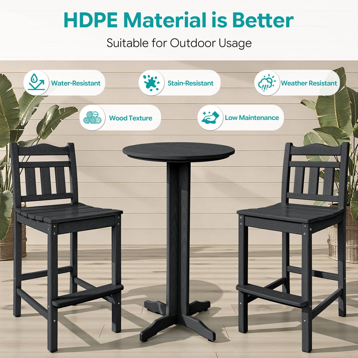 ZEOPHOL 43" Outdoor HDPE Bar Table, High Top Bistro Table with Adjustable Feet for Patio Black