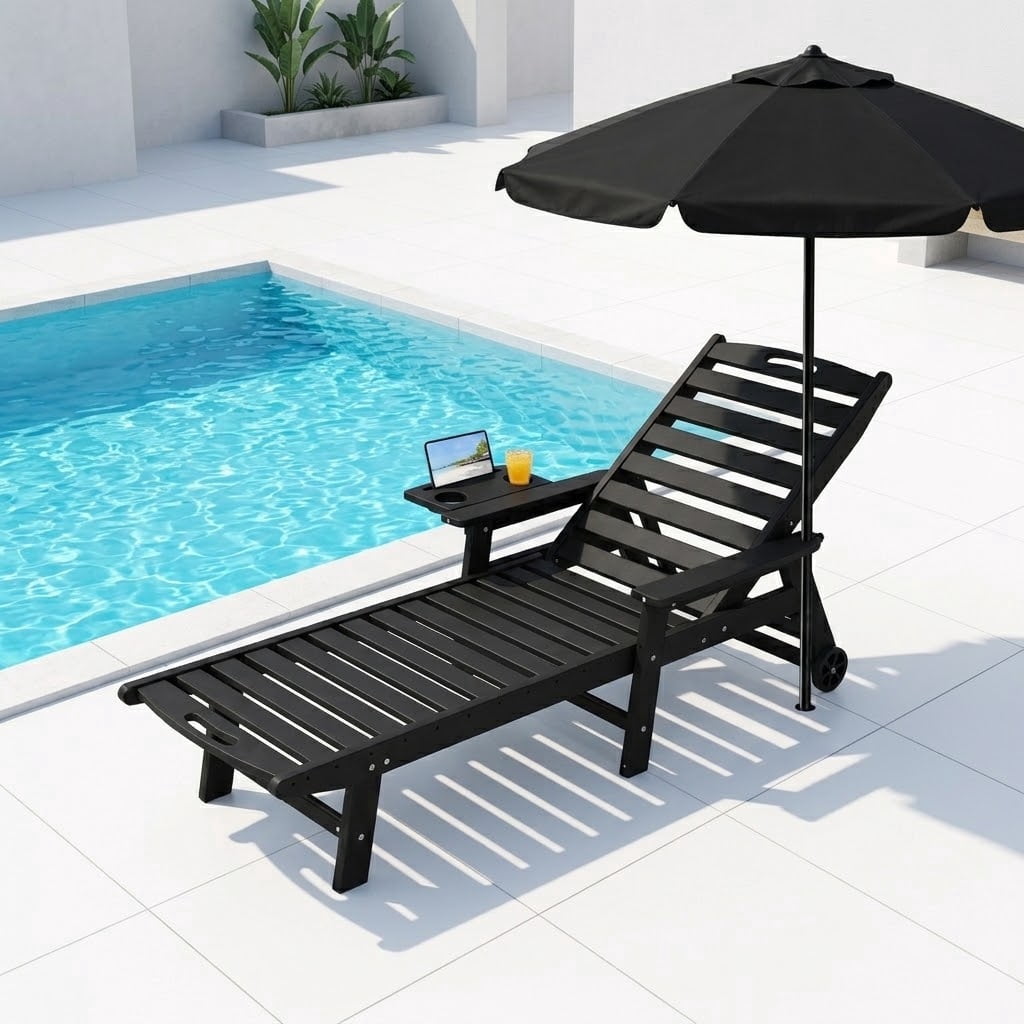 HDPE Pool Chaise Lounge Chair, 2-in-1 Outdoor Patio Lounge Chair w/Adjustable Backrest & Cup Holder White