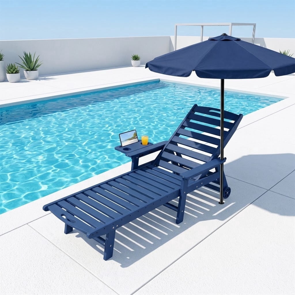 HDPE Pool Chaise Lounge Chair, 2-in-1 Outdoor Patio Lounge Chair w/Adjustable Backrest & Cup Holder White