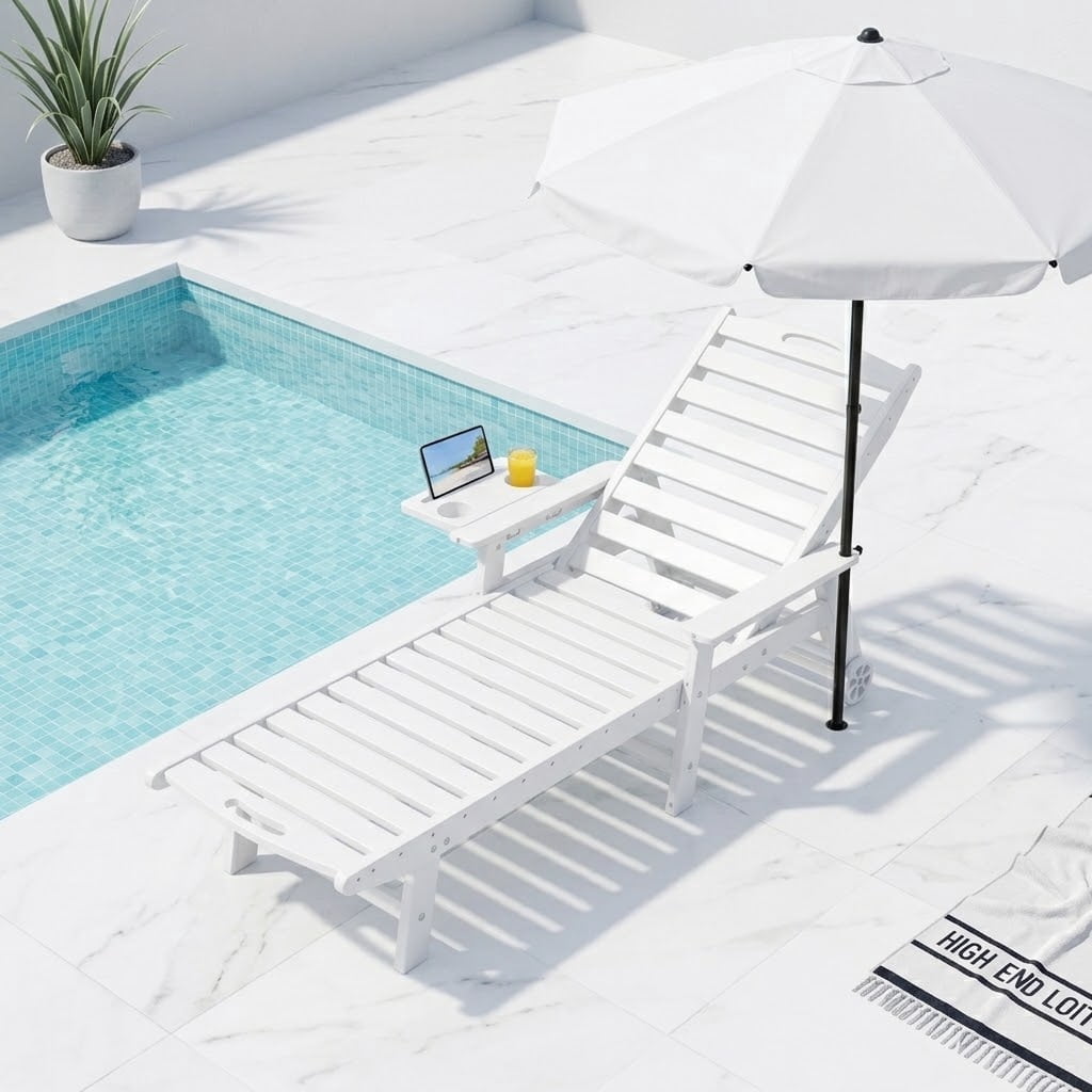 HDPE Pool Chaise Lounge Chair, 2-in-1 Outdoor Patio Lounge Chair w/Adjustable Backrest & Cup Holder White