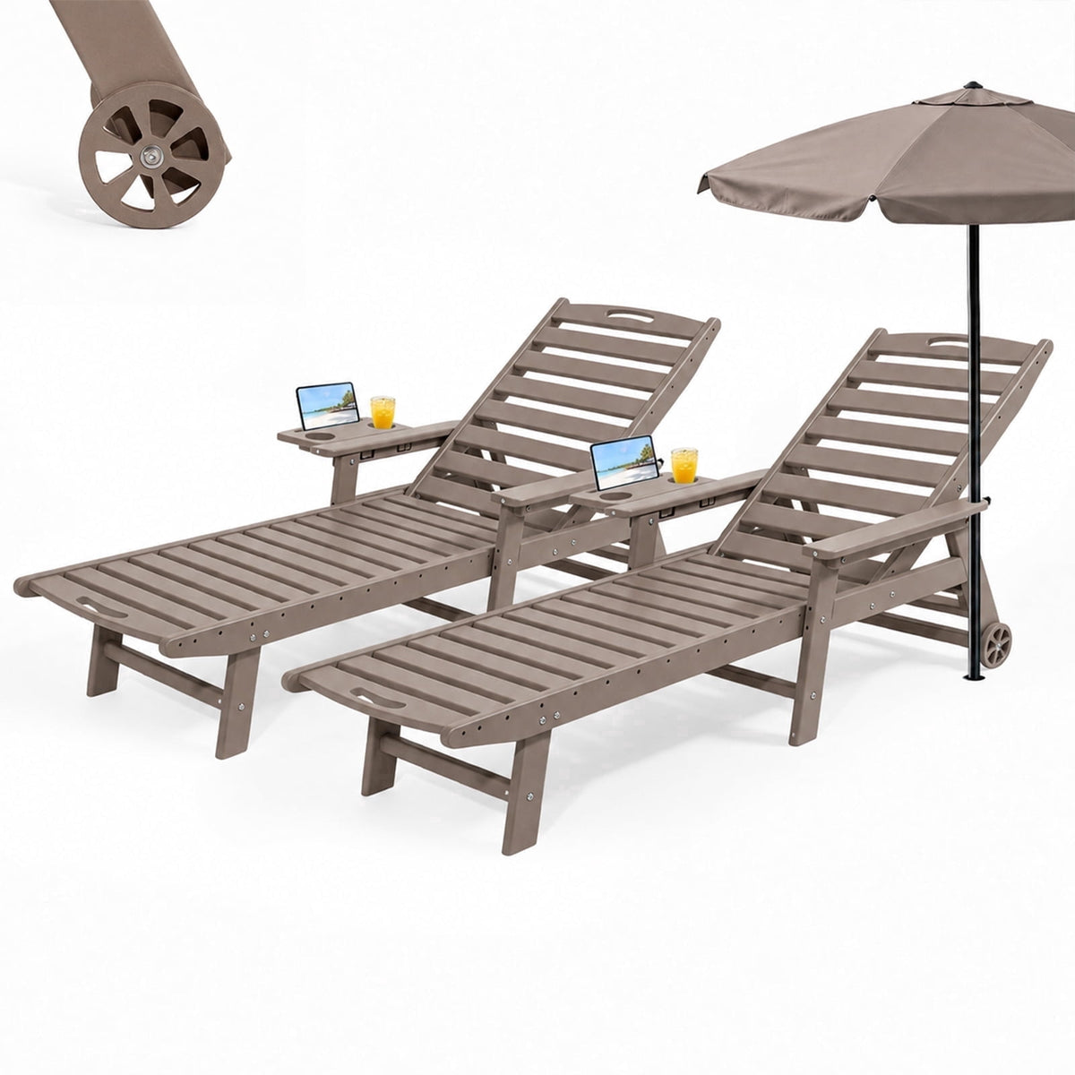HDPE Pool Chaise Lounge Chair, 2-in-1 Outdoor Patio Lounge Chair w/Adjustable Backrest & Cup Holder White