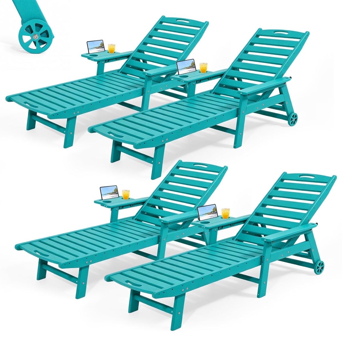 HDPE Pool Chaise Lounge Chair, 2-in-1 Outdoor Patio Lounge Chair w/Adjustable Backrest & Cup Holder White