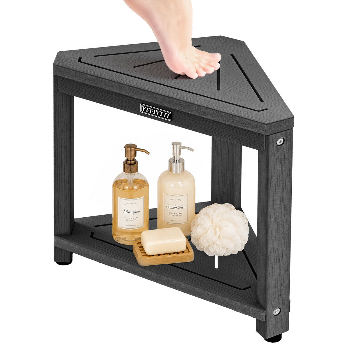HDPS Corner Shower Bench, Waterproof 2-Tier Bathroom Stool with Footrest, Space-Saving Triangle Shower Seat for Shaving Legs Black