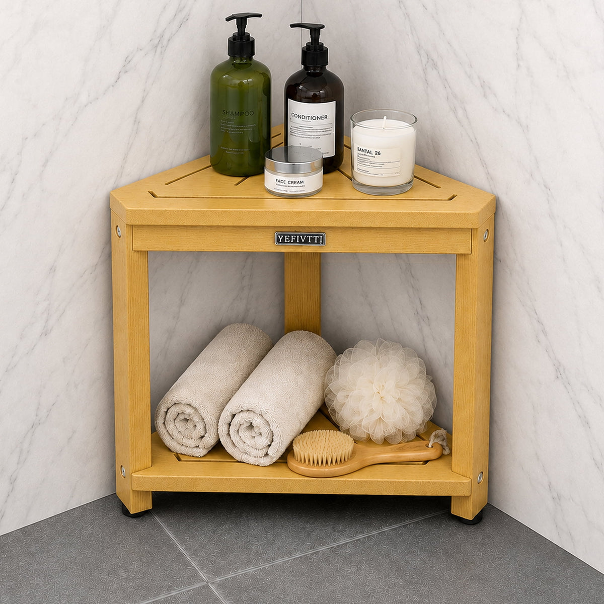HDPS Corner Shower Bench, Waterproof 2-Tier Bathroom Stool with Footrest, Space-Saving Triangle Shower Seat for Shaving Legs Black