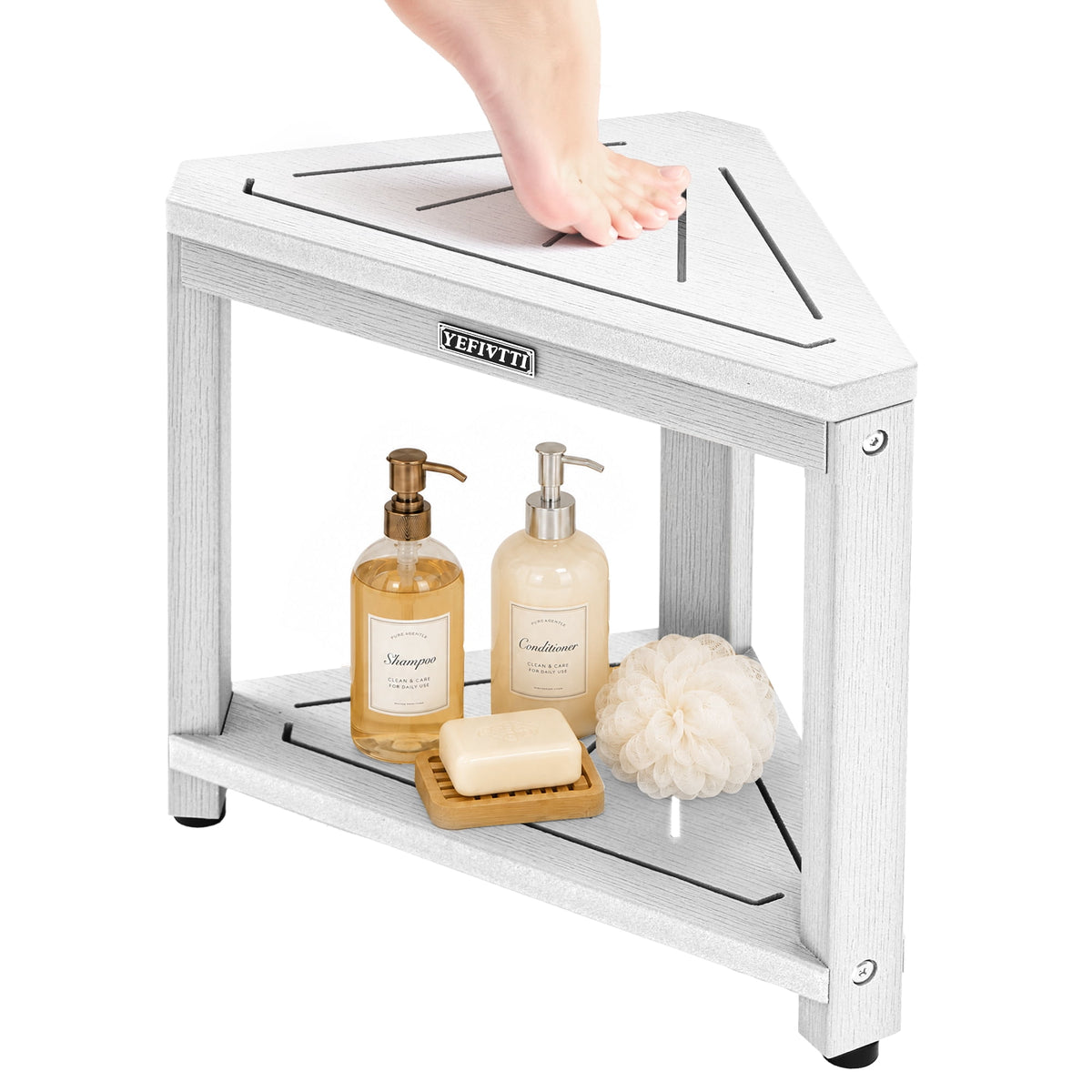 HDPS Corner Shower Bench, Waterproof 2-Tier Bathroom Stool with Footrest, Space-Saving Triangle Shower Seat for Shaving Legs Black