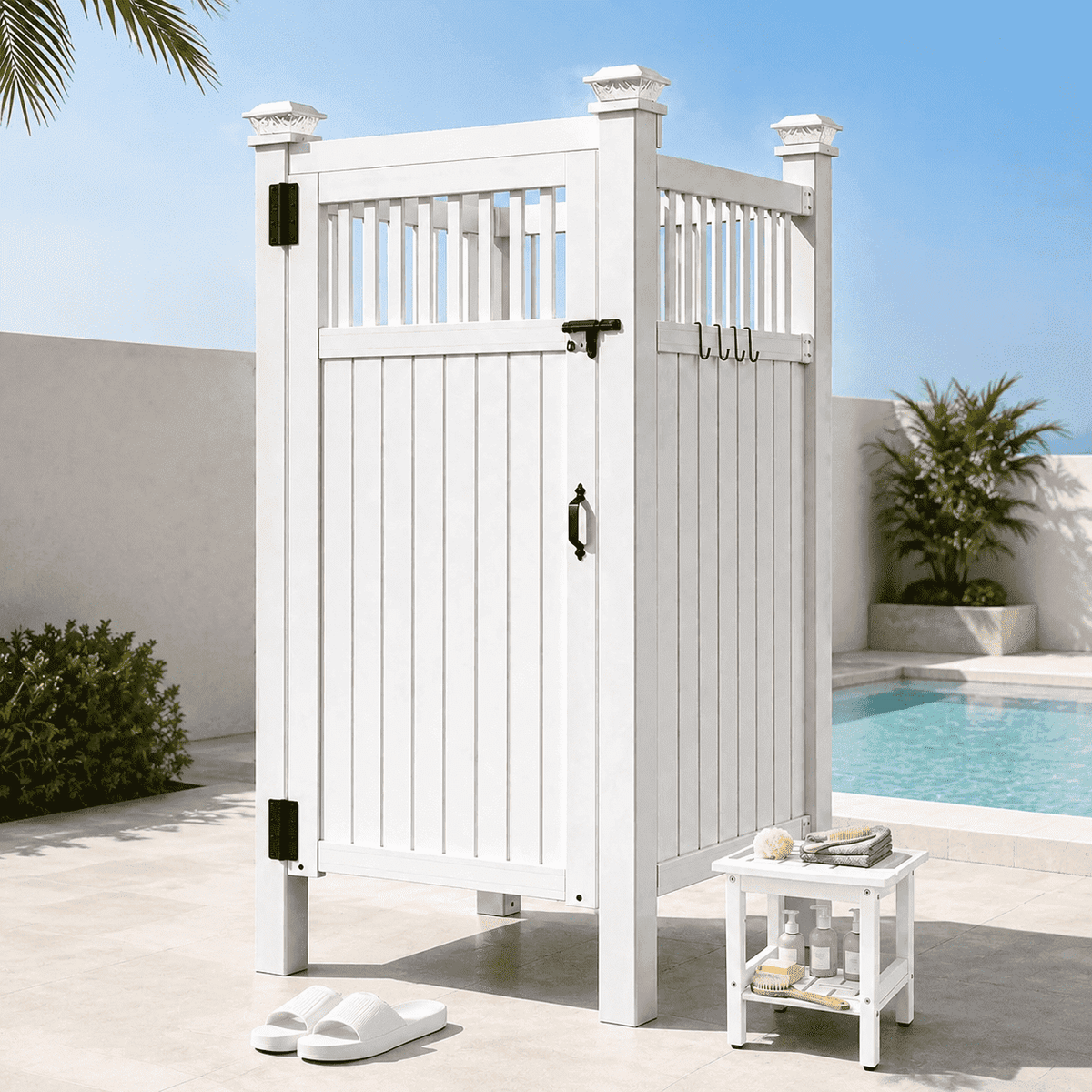 2-Person Outdoor Shower Enclosure, Weatherproof Changing Room Privacy Shower Stall with Galvanized Metal Panels, Locking Door, Shelves & Hooks for Poolside, Beach