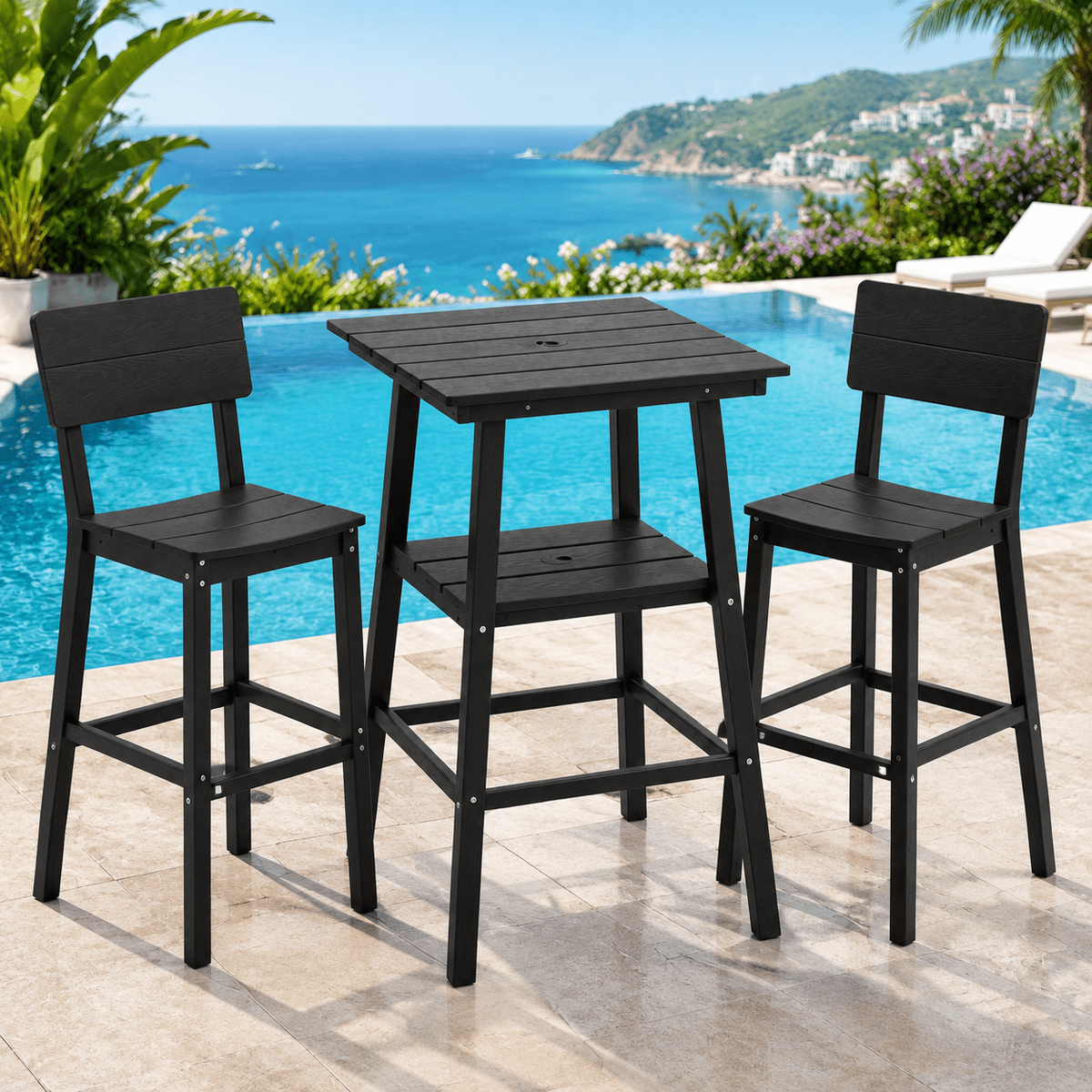 ZEOPHOL HDPE Outdoor Bar Stools Set of 2, Patio Bar Height Chairs with Footrests, All-Weather Wood-Grain Design, 304 Stainless Steel Gray