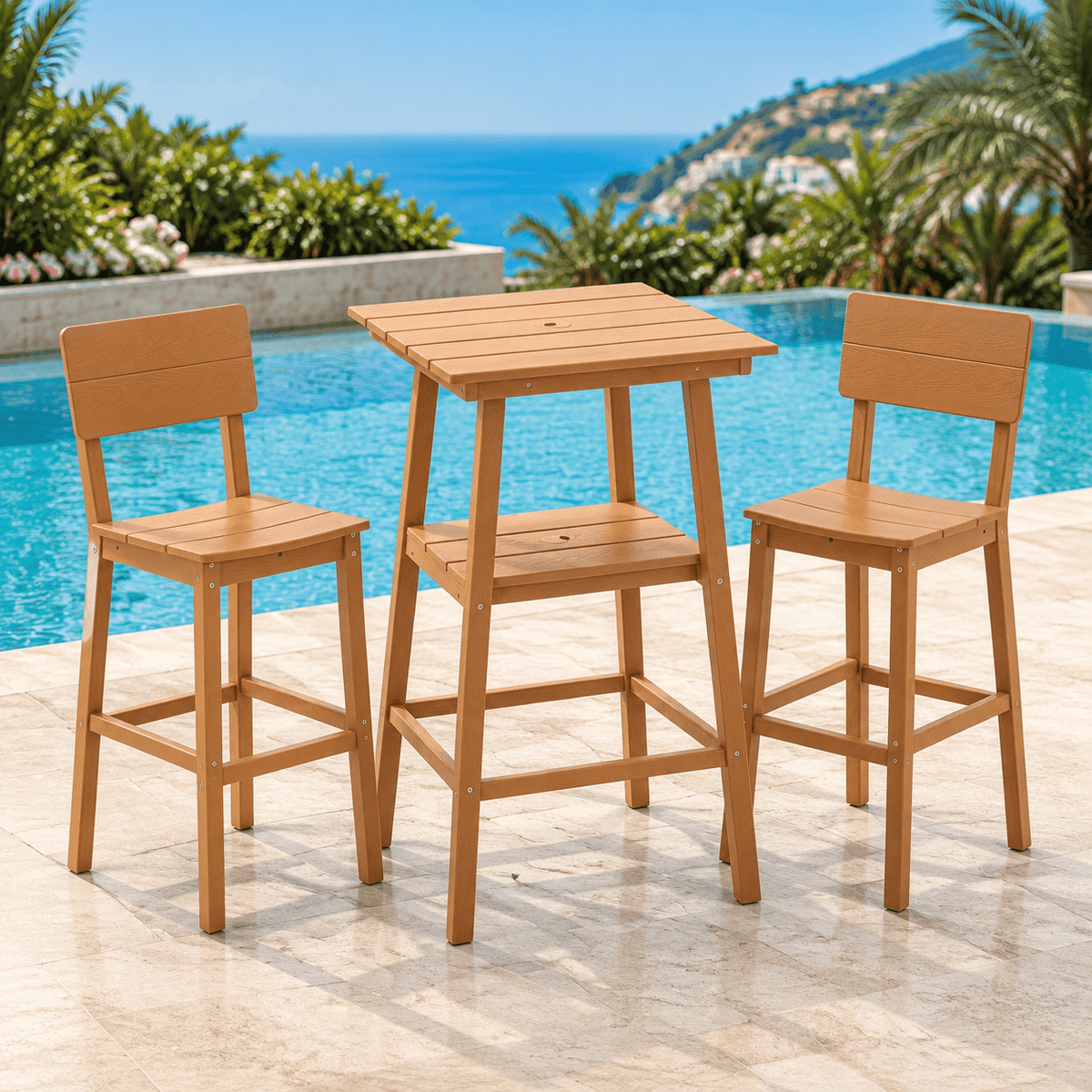 ZEOPHOL HDPE Outdoor Bar Stools Set of 2, Patio Bar Height Chairs with Footrests, All-Weather Wood-Grain Design, 304 Stainless Steel Gray