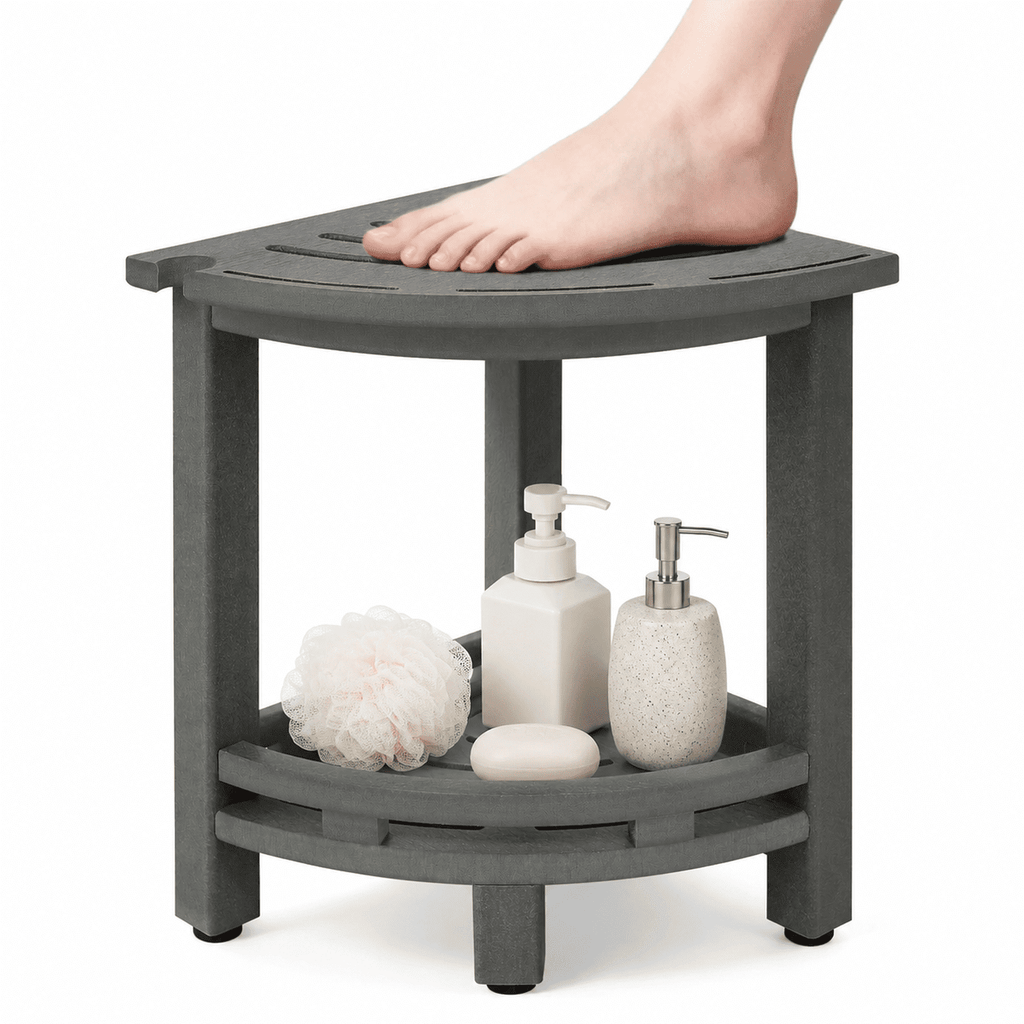 ZEOPHOL HDPE Corner Shower Bench, Waterproof Shower Stool with Storage Shelf, Space-Saving Bathroom Shower Seat for Shaving Legs & Everyday Use Gray