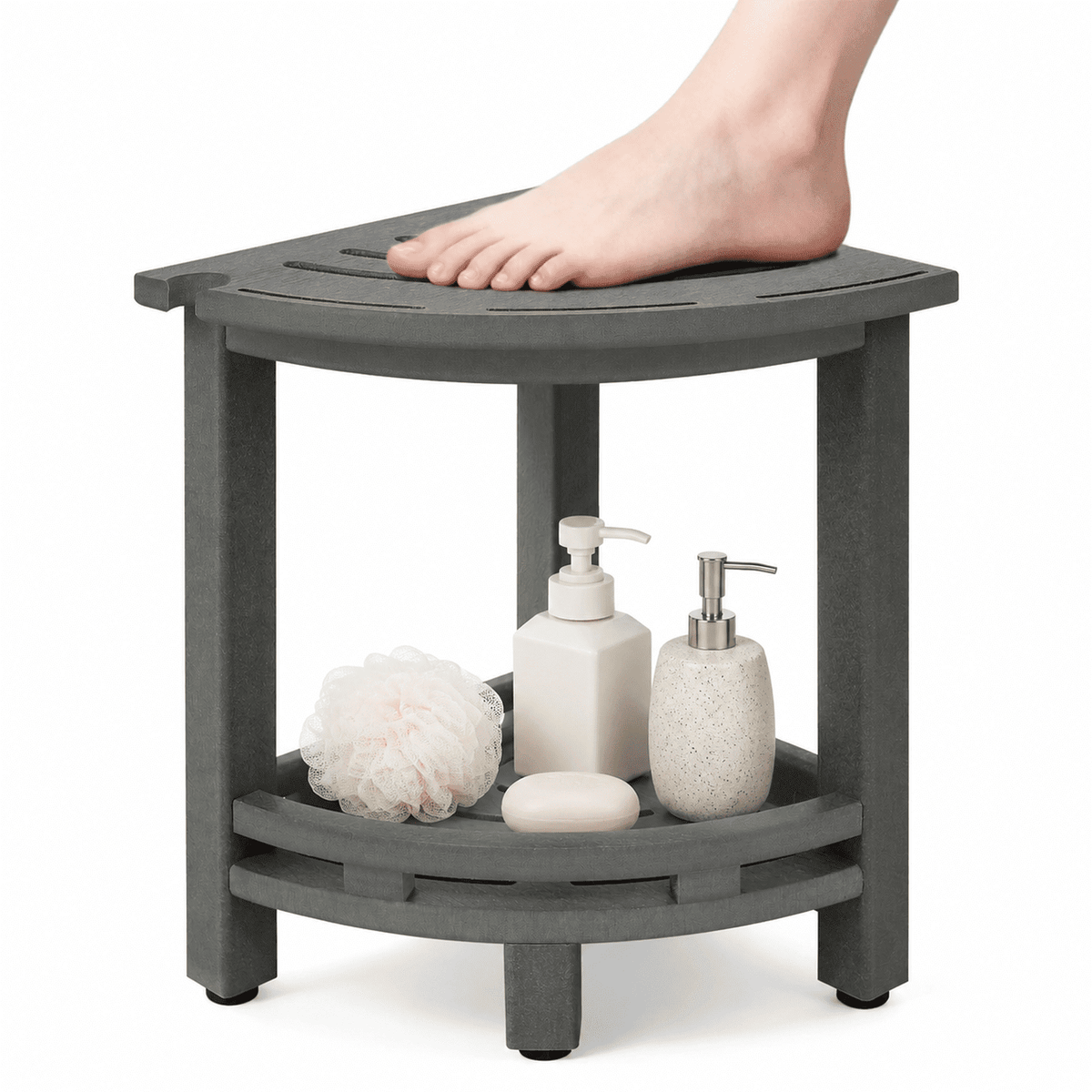 ZEOPHOL HDPE Corner Shower Bench, Waterproof Shower Stool with Storage Shelf, Space-Saving Bathroom Shower Seat for Shaving Legs & Everyday Use Gray