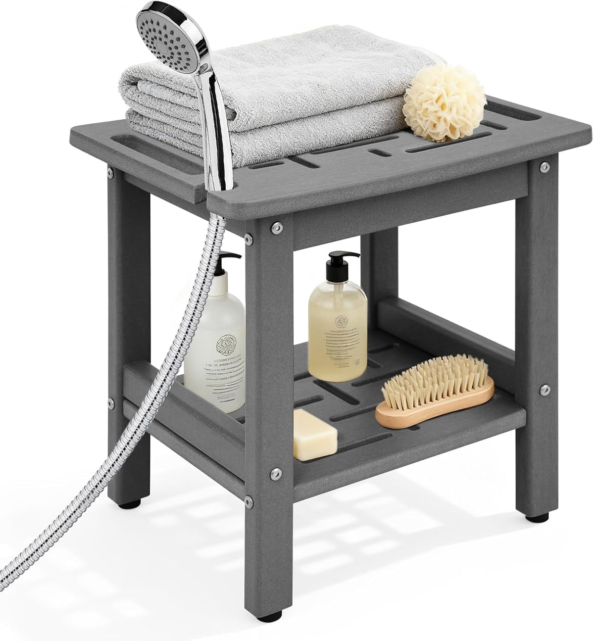 ZEOPHOL HDPE Shower Bench for Inside Shower, Shower Stool with Handle & Storage Shelf, Bathroom Shower Seat for Shaving Legs, Adults & Elderly Gray