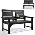 ZEOPHOL Outdoor Garden Bench, HDPE Weatherproof Bench w/Backrest, Armrests & Cup Holders, 2 Seats Patio Seating Bench for Front Porch, Backyard, Park Black