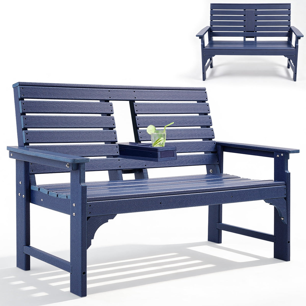 ZEOPHOL Outdoor Garden Bench, HDPE Weatherproof Bench w/Backrest, Armrests & Cup Holders, 2 Seats Patio Seating Bench for Front Porch, Backyard, Park Black