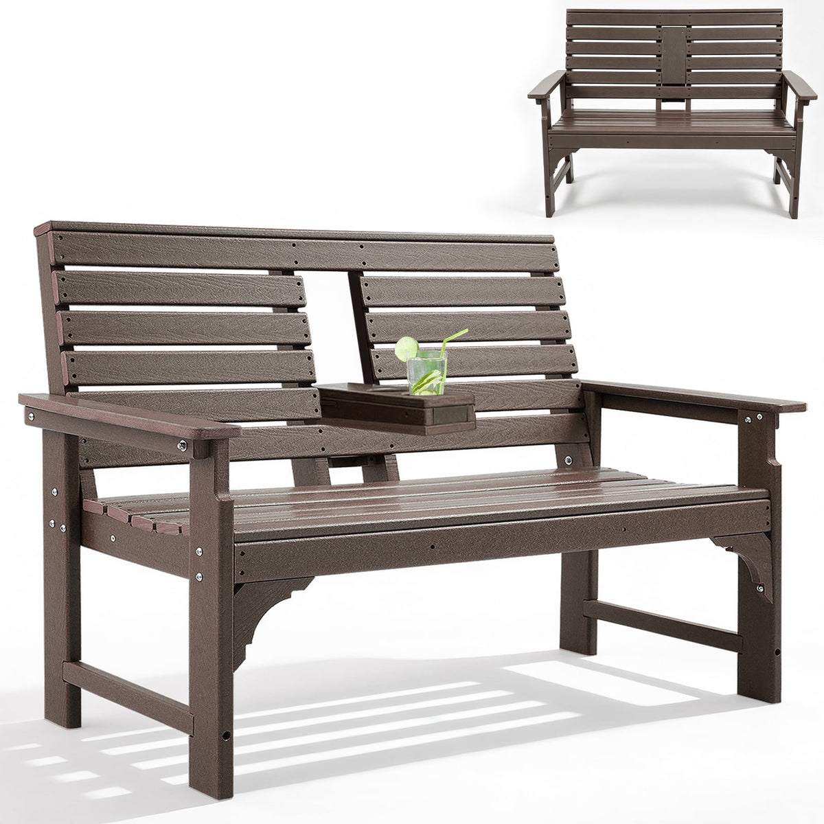 ZEOPHOL Outdoor Garden Bench, HDPE Weatherproof Bench w/Backrest, Armrests & Cup Holders, 2 Seats Patio Seating Bench for Front Porch, Backyard, Park Black