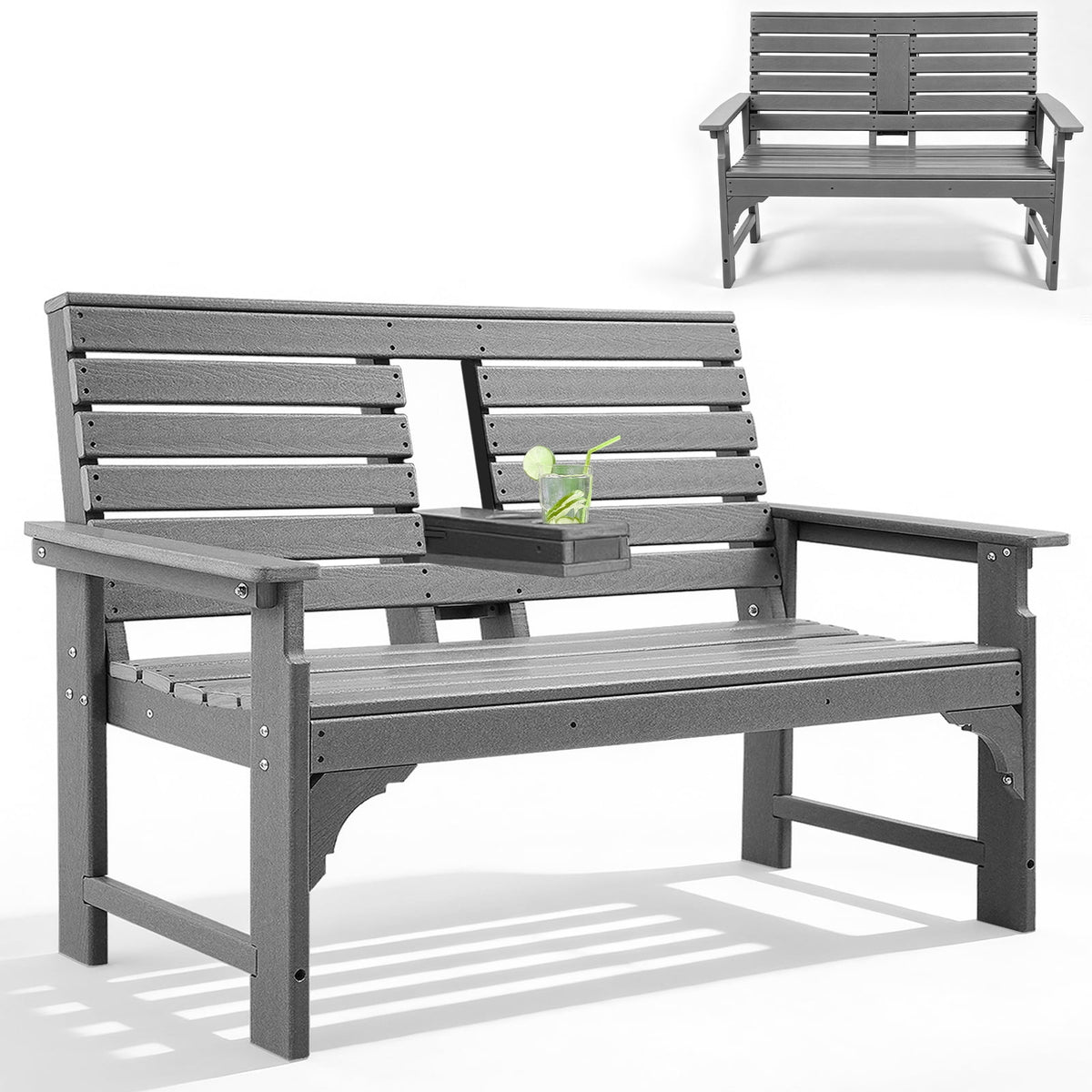 ZEOPHOL Outdoor Garden Bench, HDPE Weatherproof Bench w/Backrest, Armrests & Cup Holders, 2 Seats Patio Seating Bench for Front Porch, Backyard, Park Black