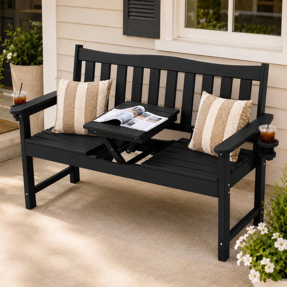 ZEOPHOL Outdoor HDPE Patio Bench, Outdoor Patio Garden Bench with Center Lift and Built-In Cup Holders, Easy to Maintain, Ideal for 1–3 People Brown
