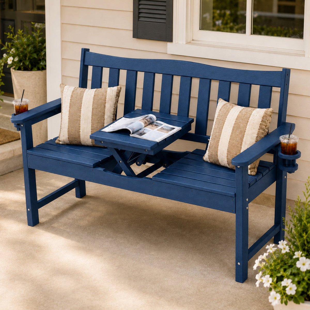 ZEOPHOL Outdoor HDPE Patio Bench, Outdoor Patio Garden Bench with Center Lift and Built-In Cup Holders, Easy to Maintain, Ideal for 1–3 People Brown