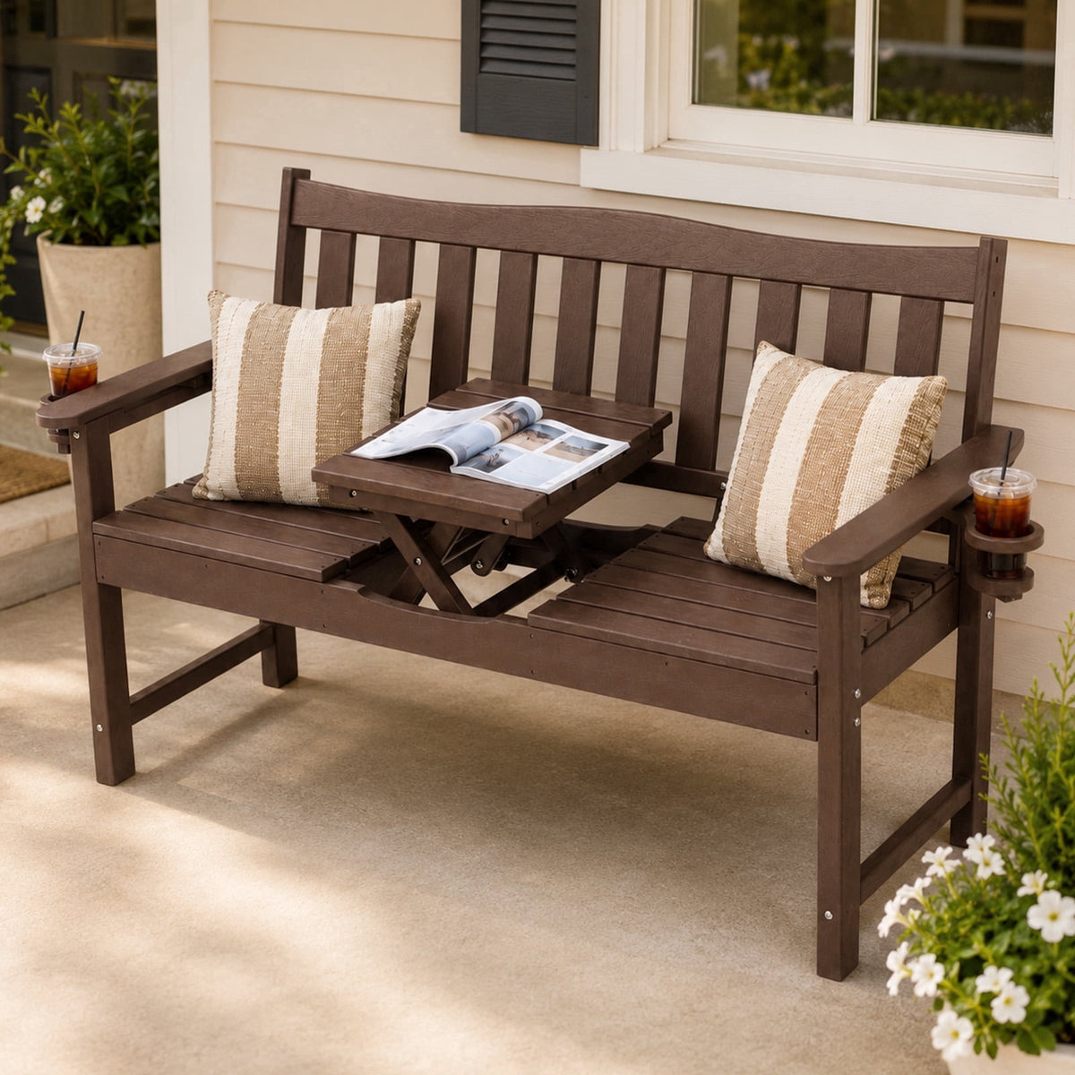 ZEOPHOL Outdoor HDPE Patio Bench, Outdoor Patio Garden Bench with Center Lift and Built-In Cup Holders, Easy to Maintain, Ideal for 1–3 People Brown