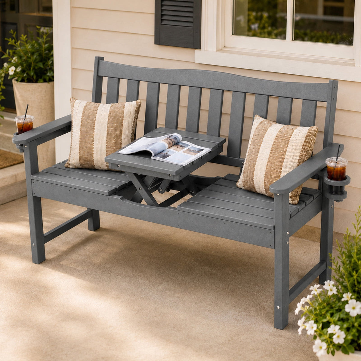ZEOPHOL Outdoor HDPE Patio Bench, Outdoor Patio Garden Bench with Center Lift and Built-In Cup Holders, Easy to Maintain, Ideal for 1–3 People Brown