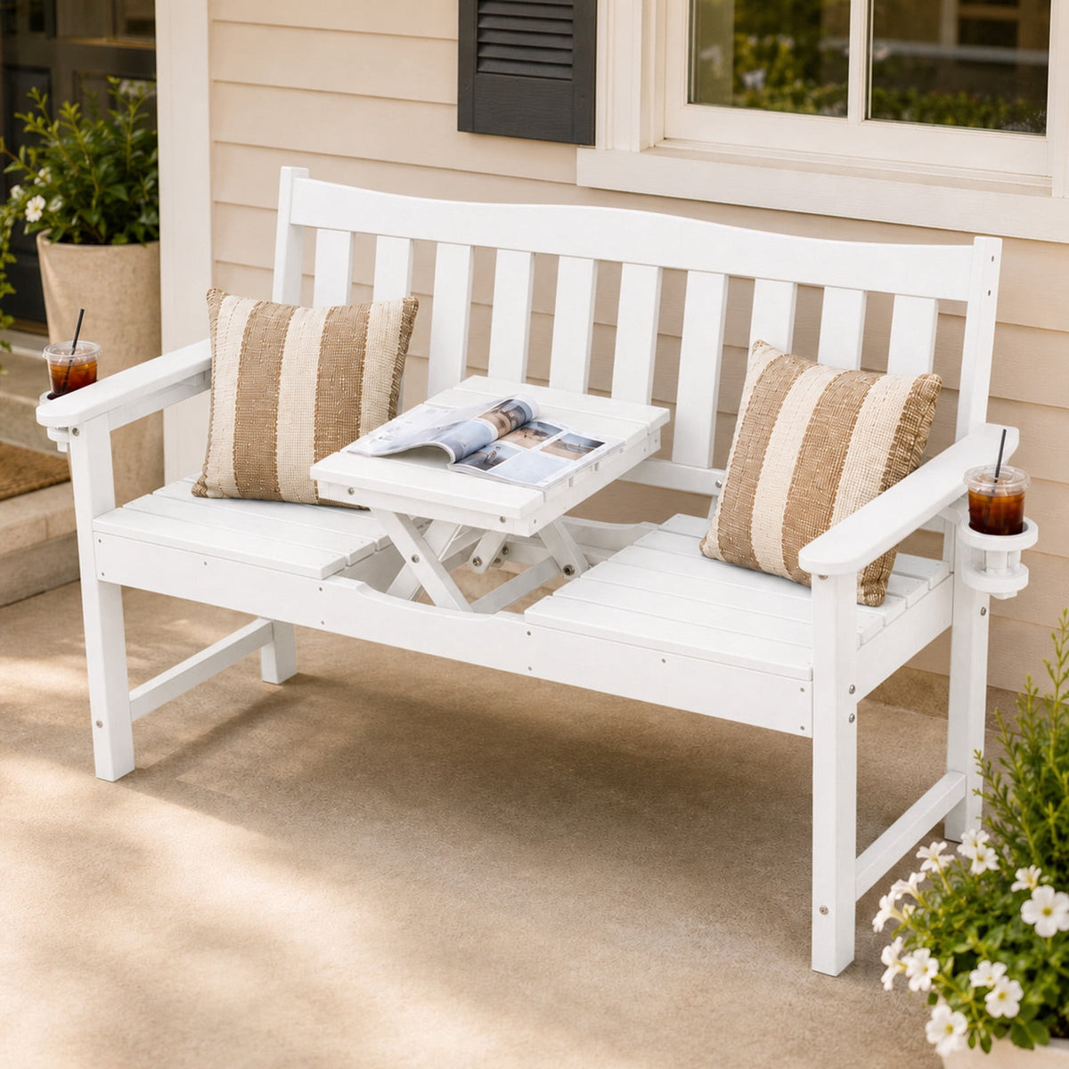 ZEOPHOL Outdoor HDPE Patio Bench, Outdoor Patio Garden Bench with Center Lift and Built-In Cup Holders, Easy to Maintain, Ideal for 1–3 People Brown