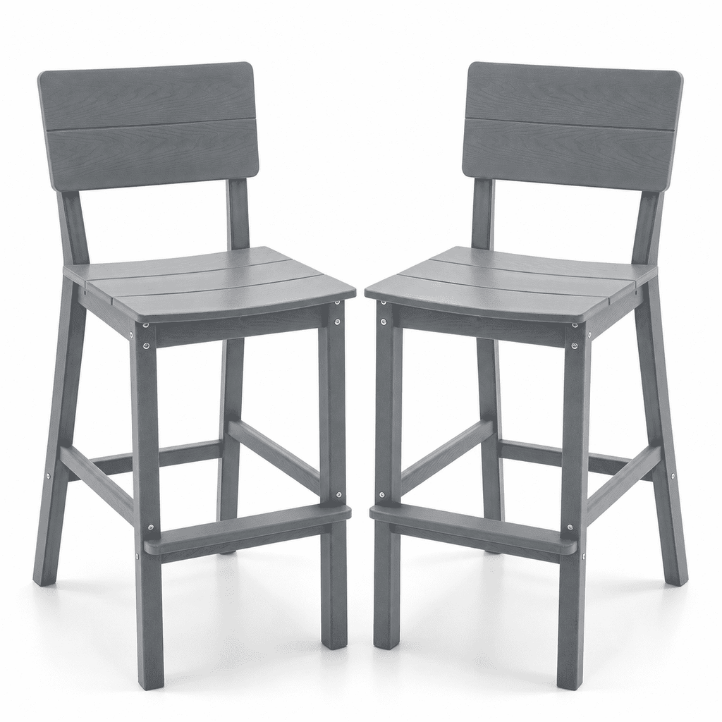 ZEOPHOL HDPE Outdoor Bar Stools Set of 2, Patio Bar Height Chairs with Footrests, All-Weather Wood-Grain Design, 304 Stainless Steel Gray