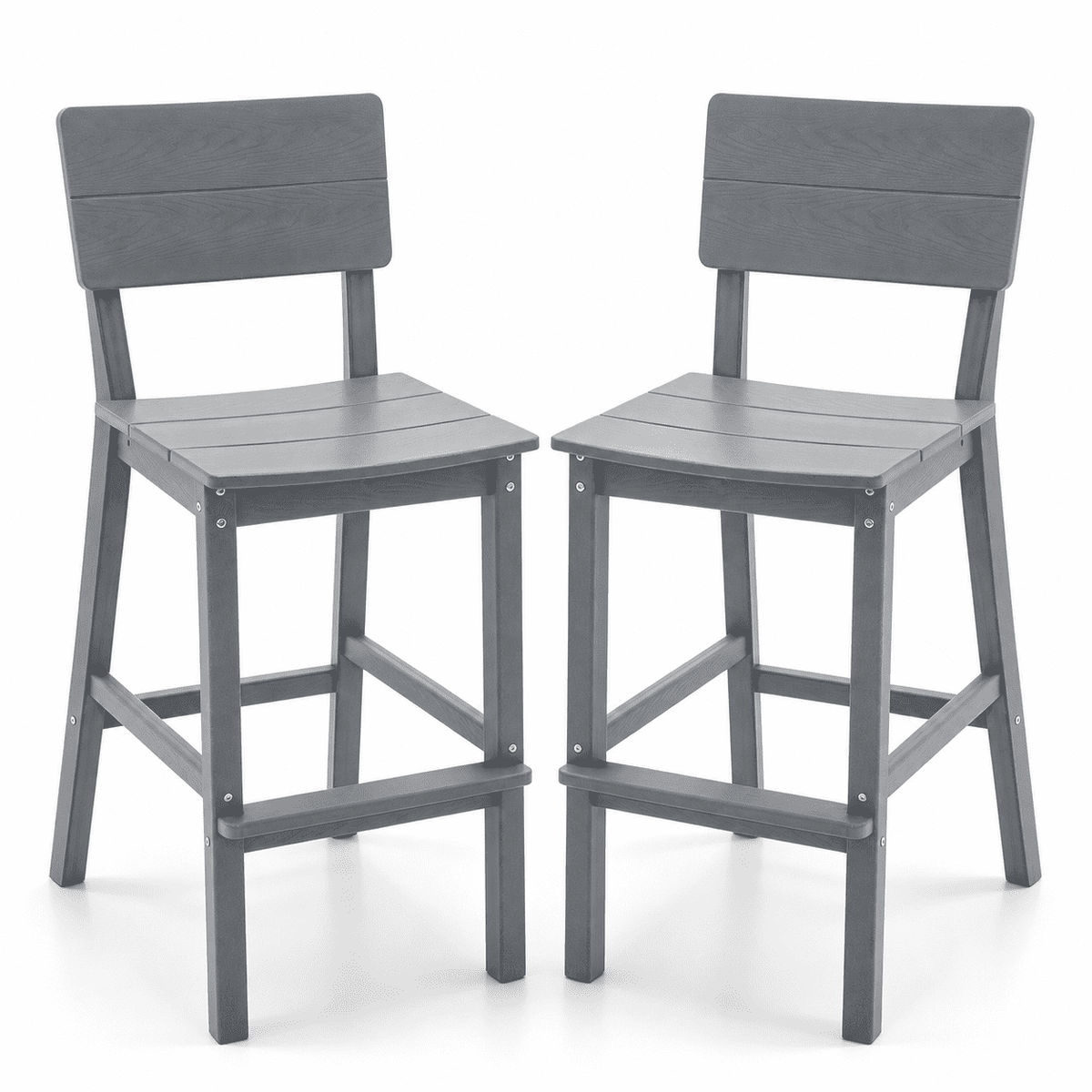 ZEOPHOL HDPE Outdoor Bar Stools Set of 2, Patio Bar Height Chairs with Footrests, All-Weather Wood-Grain Design, 304 Stainless Steel Gray