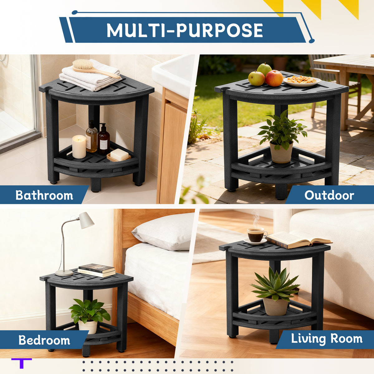 ZEOPHOL HDPE Shower Bench, Shower Stool with Handle & Storage Shelf, Bathroom Shower Seat for Inside Shower, Shaving Legs & Daily Bathing, Black