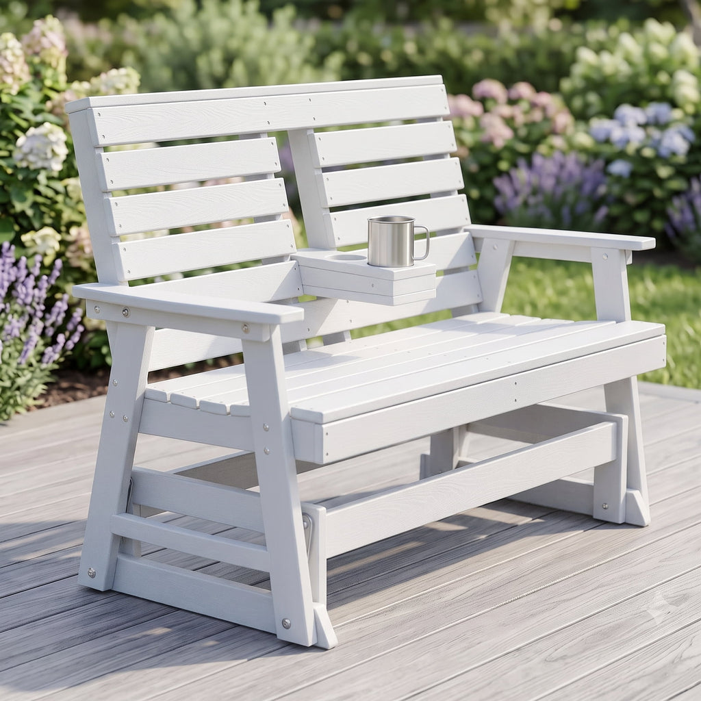 ZEOPHOL 2 Person Patio Swing Glider Bench, HDPE Outdoor Rocking Chair with Weather-Resistant Frame, Porch Swing Seat for Garden, Deck & Backyard White