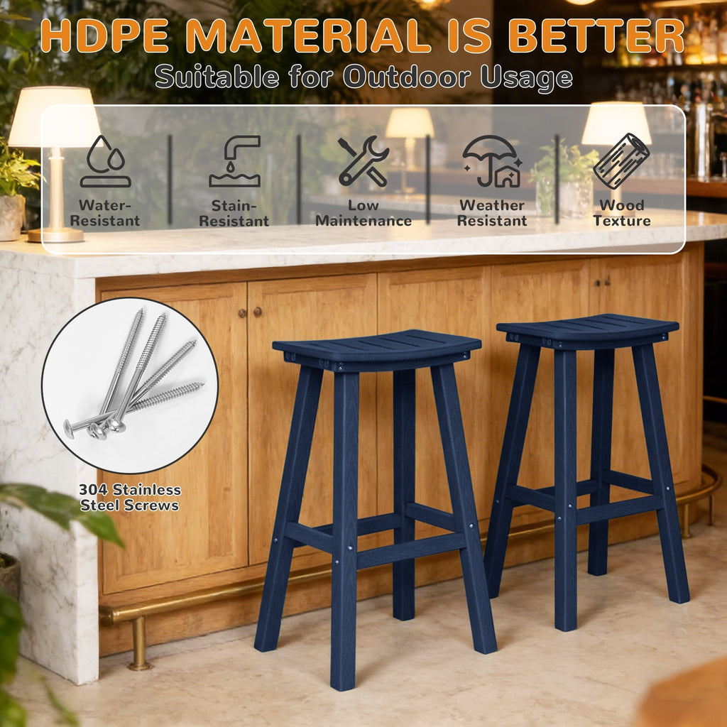 Outdoor Bar Stools Set of 2, 29 Inch Counter Bar Height HDPE Patio Stools, 500 lbs Heavy Duty Saddle Seat Bar Chairs for Kitchen Island, Balcony & Backyard (Navy Blue)