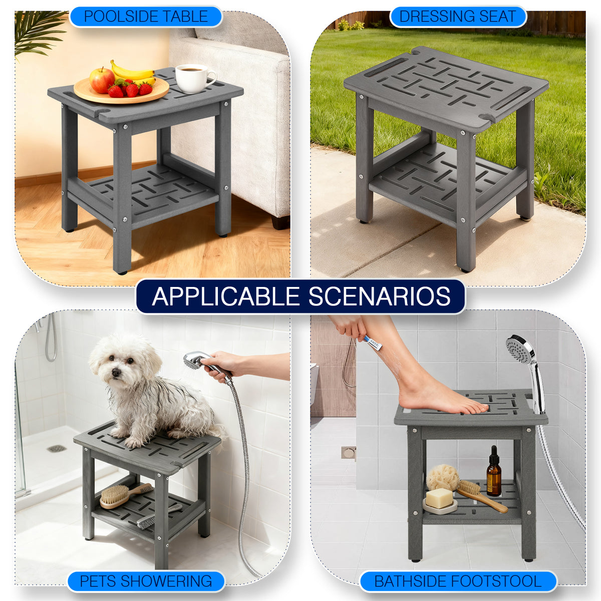 ZEOPHOL HDPE Shower Bench for Inside Shower, Shower Stool with Handle & Storage Shelf, Bathroom Shower Seat for Shaving Legs, Adults & Elderly Gray
