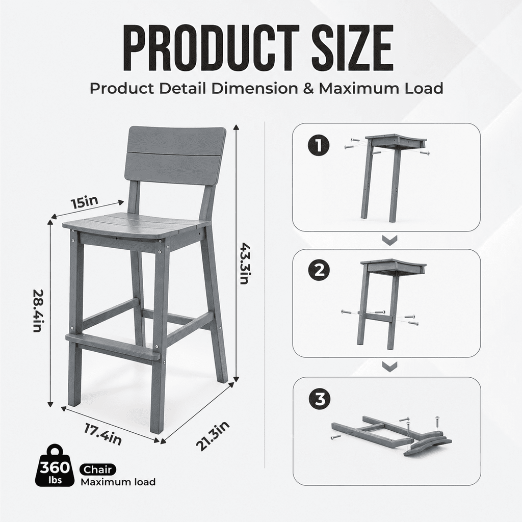 ZEOPHOL HDPE Outdoor Bar Stools Set of 2, Patio Bar Height Chairs with Footrests, All-Weather Wood-Grain Design, 304 Stainless Steel Gray