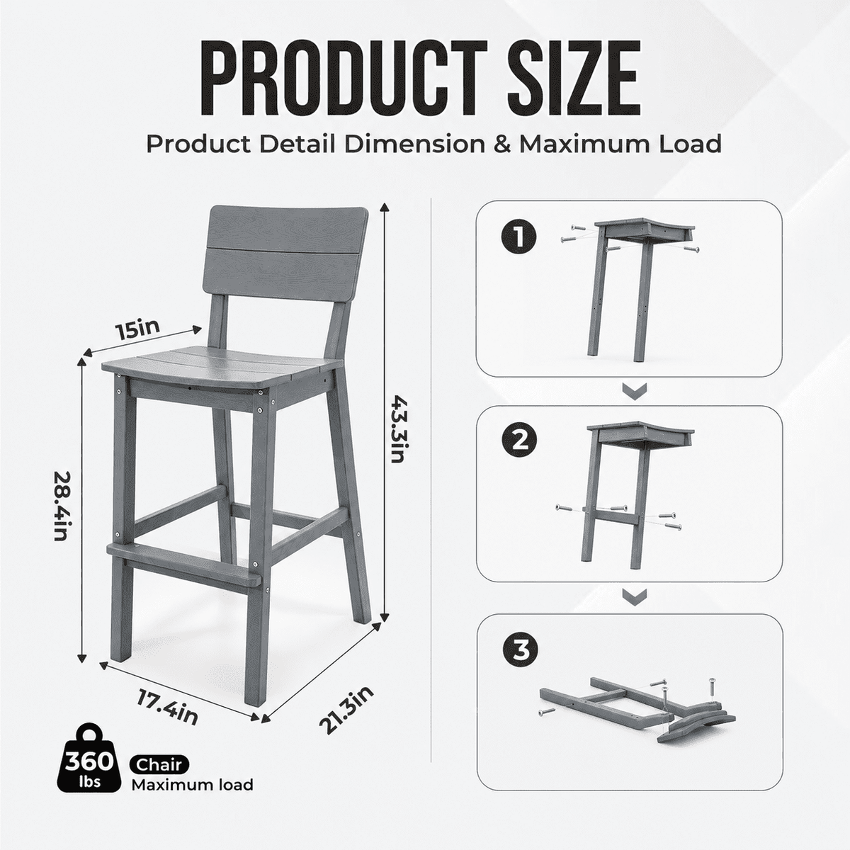 ZEOPHOL HDPE Outdoor Bar Stools Set of 2, Patio Bar Height Chairs with Footrests, All-Weather Wood-Grain Design, 304 Stainless Steel Gray