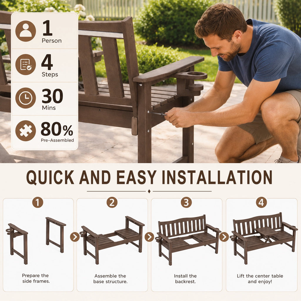 ZEOPHOL Outdoor HDPE Patio Bench, Outdoor Patio Garden Bench with Center Lift and Built-In Cup Holders, Easy to Maintain, Ideal for 1–3 People Brown