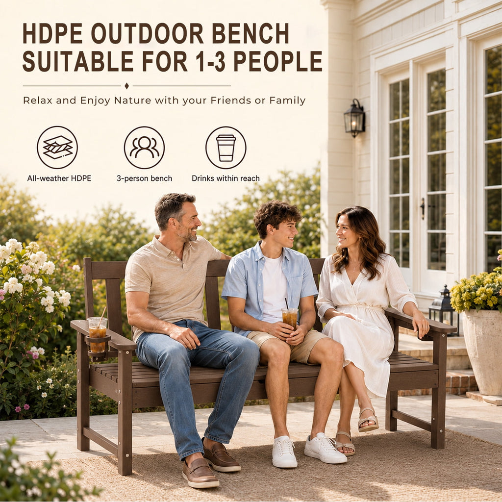 ZEOPHOL Outdoor HDPE Patio Bench, Outdoor Patio Garden Bench with Center Lift and Built-In Cup Holders, Easy to Maintain, Ideal for 1–3 People Brown