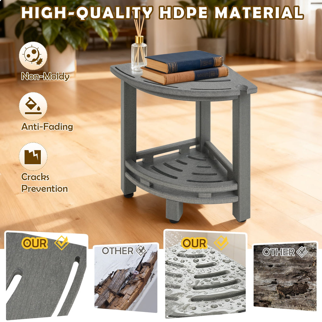 ZEOPHOL HDPE Corner Shower Bench, Waterproof Shower Stool with Storage Shelf, Space-Saving Bathroom Shower Seat for Shaving Legs & Everyday Use Gray