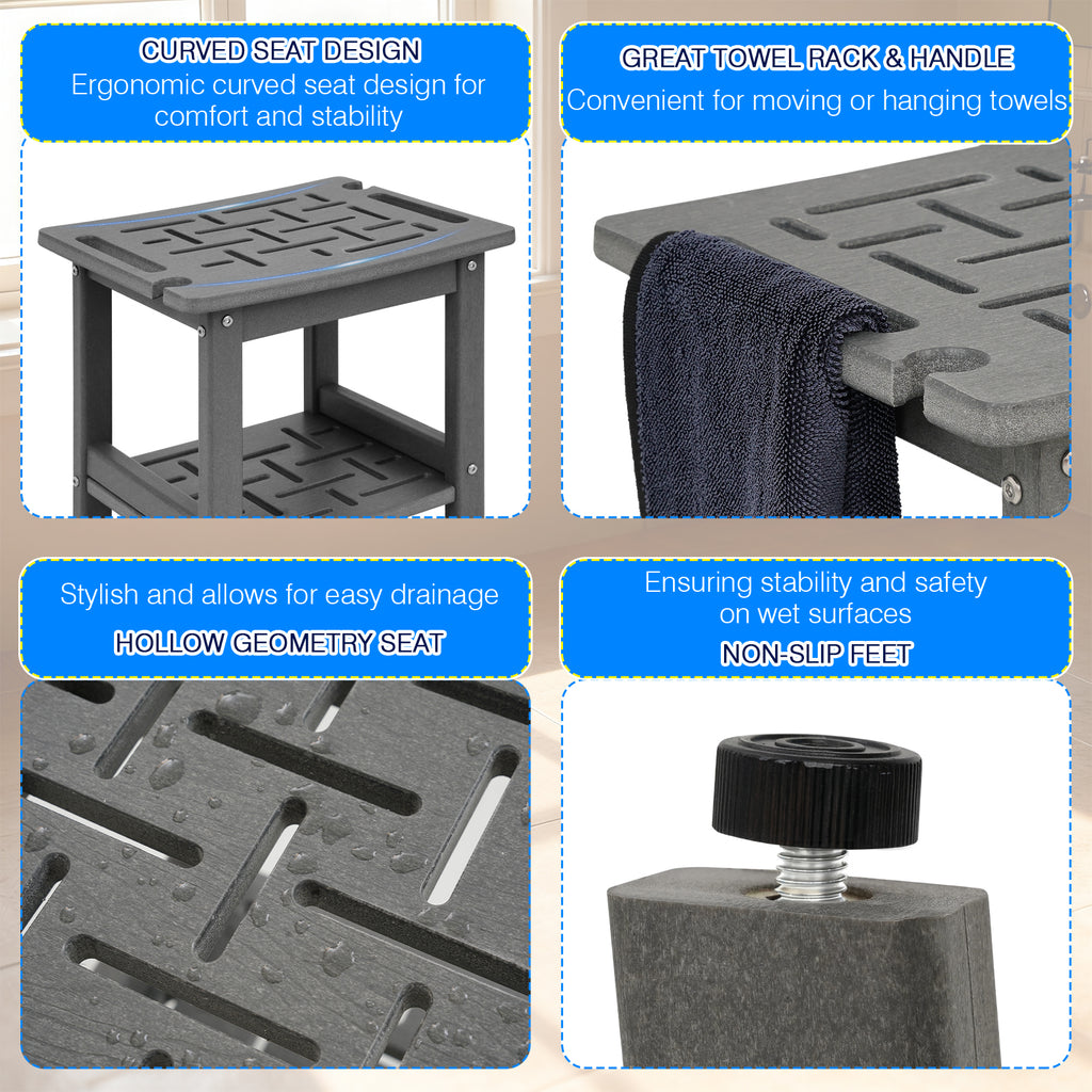ZEOPHOL HDPE Shower Bench for Inside Shower, Shower Stool with Handle & Storage Shelf, Bathroom Shower Seat for Shaving Legs, Adults & Elderly Gray