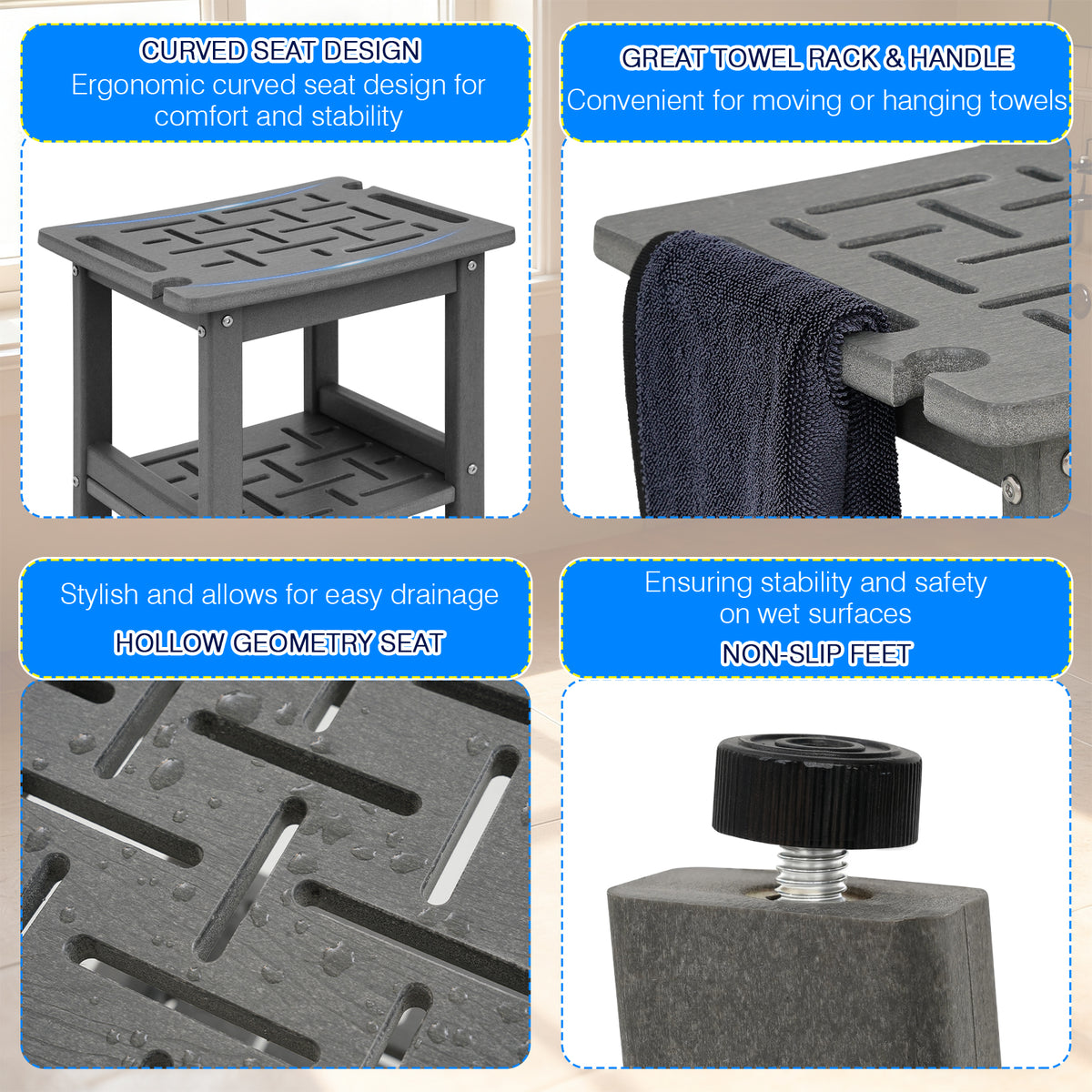 ZEOPHOL HDPE Shower Bench for Inside Shower, Shower Stool with Handle & Storage Shelf, Bathroom Shower Seat for Shaving Legs, Adults & Elderly Gray
