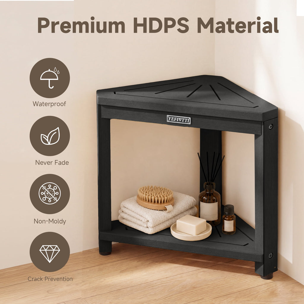 HDPS Corner Shower Bench, Waterproof 2-Tier Bathroom Stool with Footrest, Space-Saving Triangle Shower Seat for Shaving Legs Black