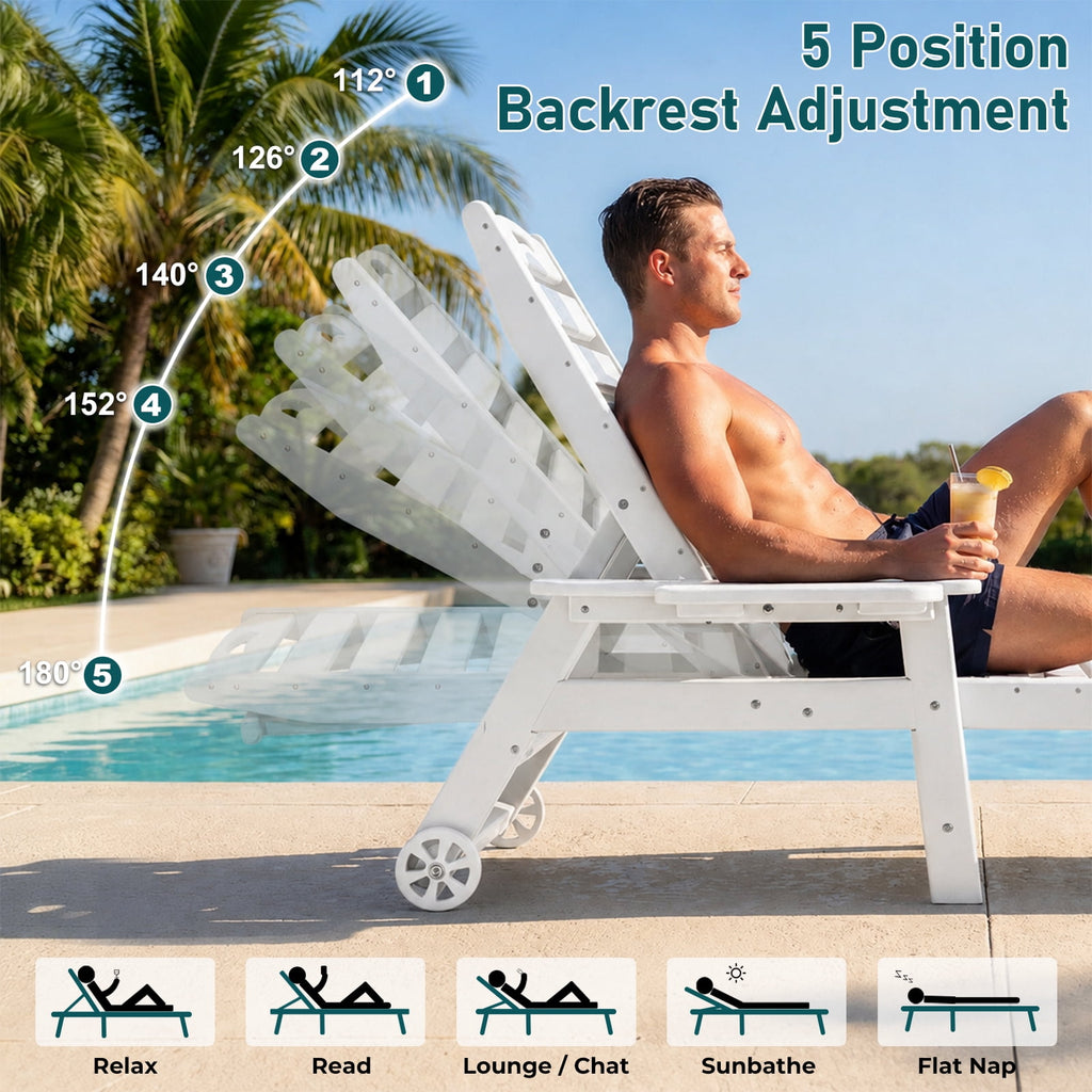 HDPE Pool Chaise Lounge Chair, 2-in-1 Outdoor Patio Lounge Chair w/Adjustable Backrest & Cup Holder White