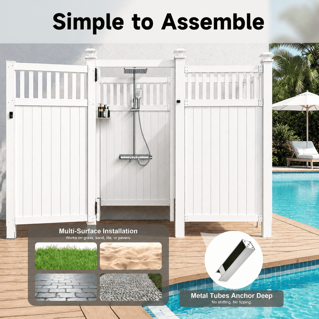 2-Person Outdoor Shower Enclosure, Weatherproof Changing Room Privacy Shower Stall with Galvanized Metal Panels, Locking Door, Shelves & Hooks for Poolside, Beach