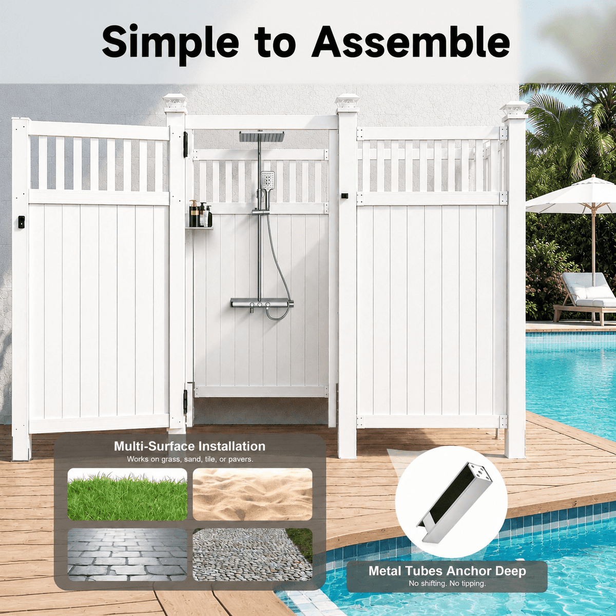 2-Person Outdoor Shower Enclosure, Weatherproof Changing Room Privacy Shower Stall with Galvanized Metal Panels, Locking Door, Shelves & Hooks for Poolside, Beach