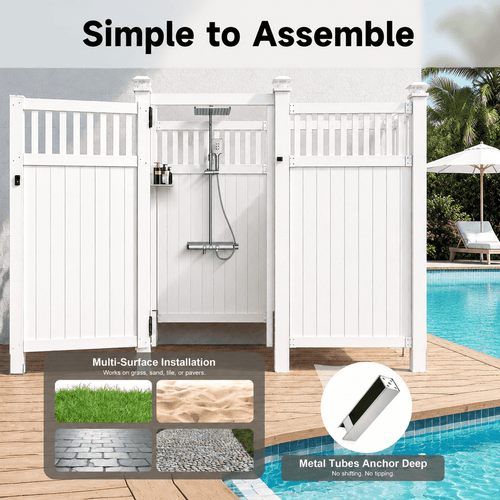 2-Person Outdoor Shower Enclosure, Weatherproof Changing Room Privacy Shower Stall with Galvanized Metal Panels, Locking Door, Shelves & Hooks for Poolside, Beach