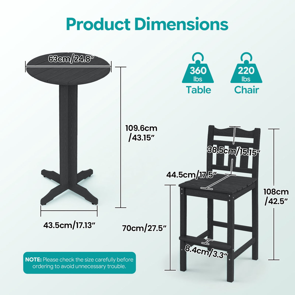 ZEOPHOL 43" Outdoor HDPE Bar Table, High Top Bistro Table with Adjustable Feet for Patio Black
