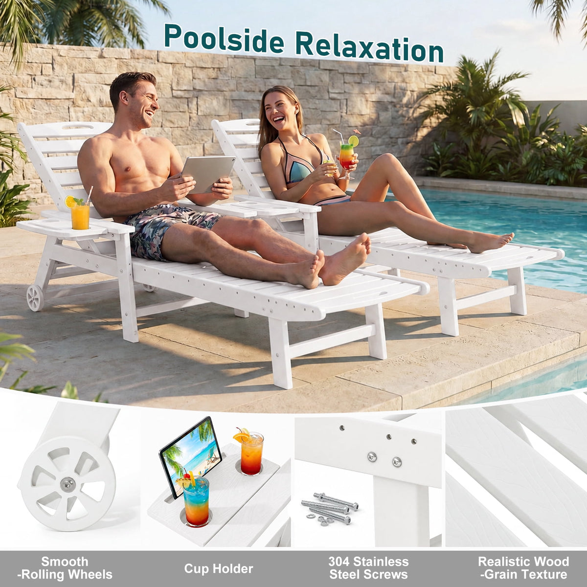 HDPE Pool Chaise Lounge Chair, 2-in-1 Outdoor Patio Lounge Chair w/Adjustable Backrest & Cup Holder White